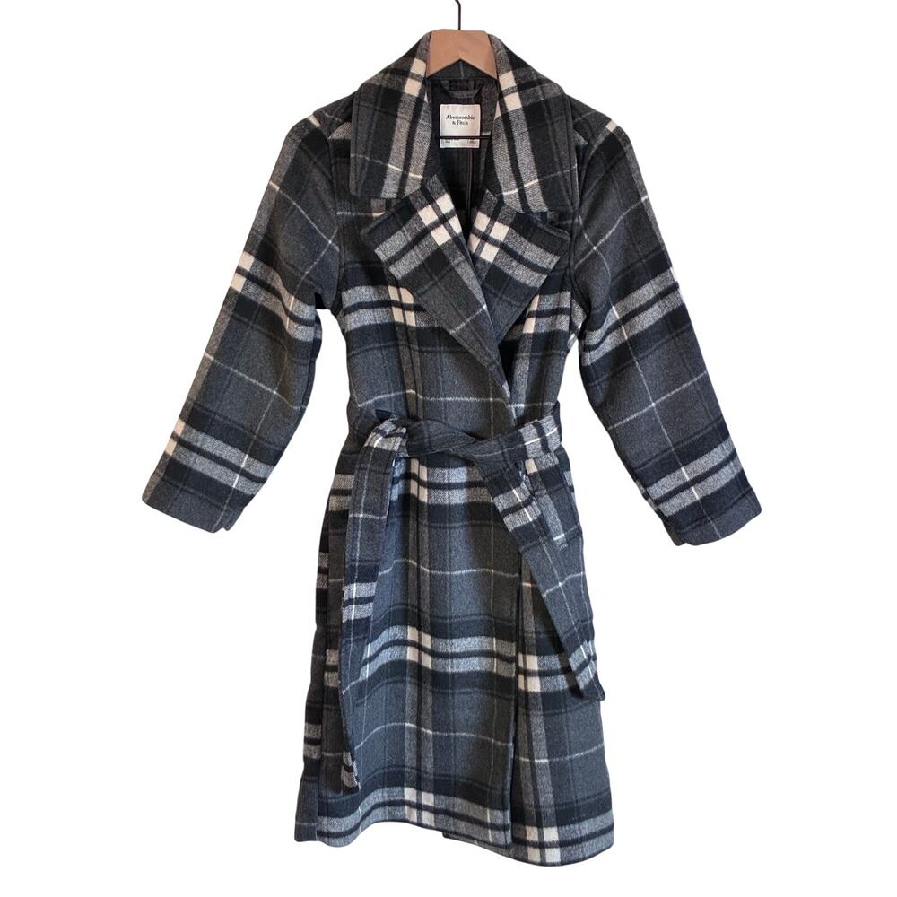 Abercrombie & Fitch Wool Blend Belted Blanket Coat Black Gray Plaid, Size XSP